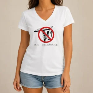 Official Surveillance Camera Solar Power Gadsden Flag DONT TREAD ON ME Libertarian V Neck Shirt in black, front view