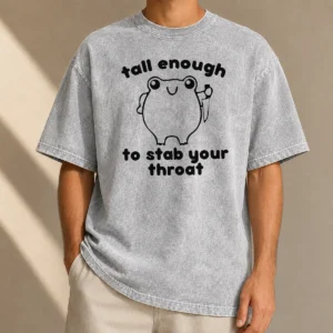 Official Tall Enough To Stab Your Throat Frog washed t shirt in soft, faded fabric with bold graphic print