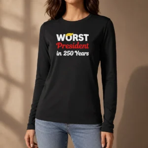 Official Worst President In 250 Years Long Sleeve Shirt showing front print on a comfortable cotton blend fabric