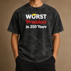 Official Worst President In 250 Years Washed T Shirt in soft, faded fabric with classic crew neck