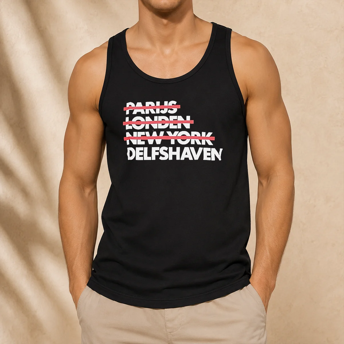 Original Parijs Londen New York Delfshaven Tank Top in white, sleeveless casual wear with bold city names print