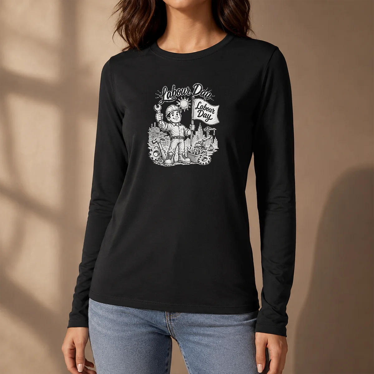 Original Proud Worker Labour Day Celebration Sketch Long Sleeve Shirt