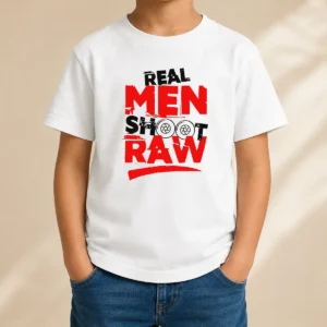 Original Real Men Shoot Raw Photography Camera Shutter Aperture Kids T Shirt with bold camera graphic on soft cotton fabric