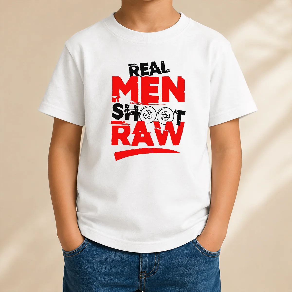 Original Real Men Shoot Raw Photography Camera Shutter Aperture Kids T Shirt with bold camera graphic on soft cotton fabric