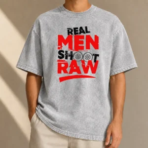 Original Real Men Shoot Raw Photography Camera Shutter Aperture Washed T Shirt in light faded color with bold graphic print