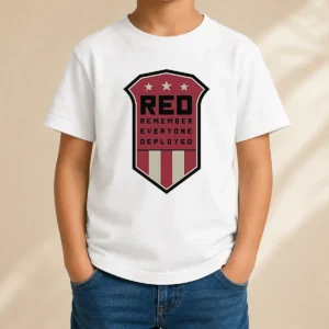 Original Red Remember Everyone Deployed Military Support Shield Kids T-Shirt