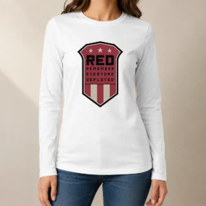 Original Red Remember Everyone Deployed Military Support Shield long sleeve shirt displayed on a white background