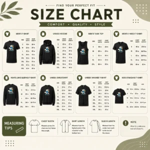 Size chart for Original Surviving Not Thriving Furry with measurements in inches and cm