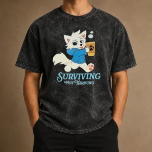 Original Surviving Not Thriving Furry Washed T Shirt in soft, faded fabric with printed graphic on front