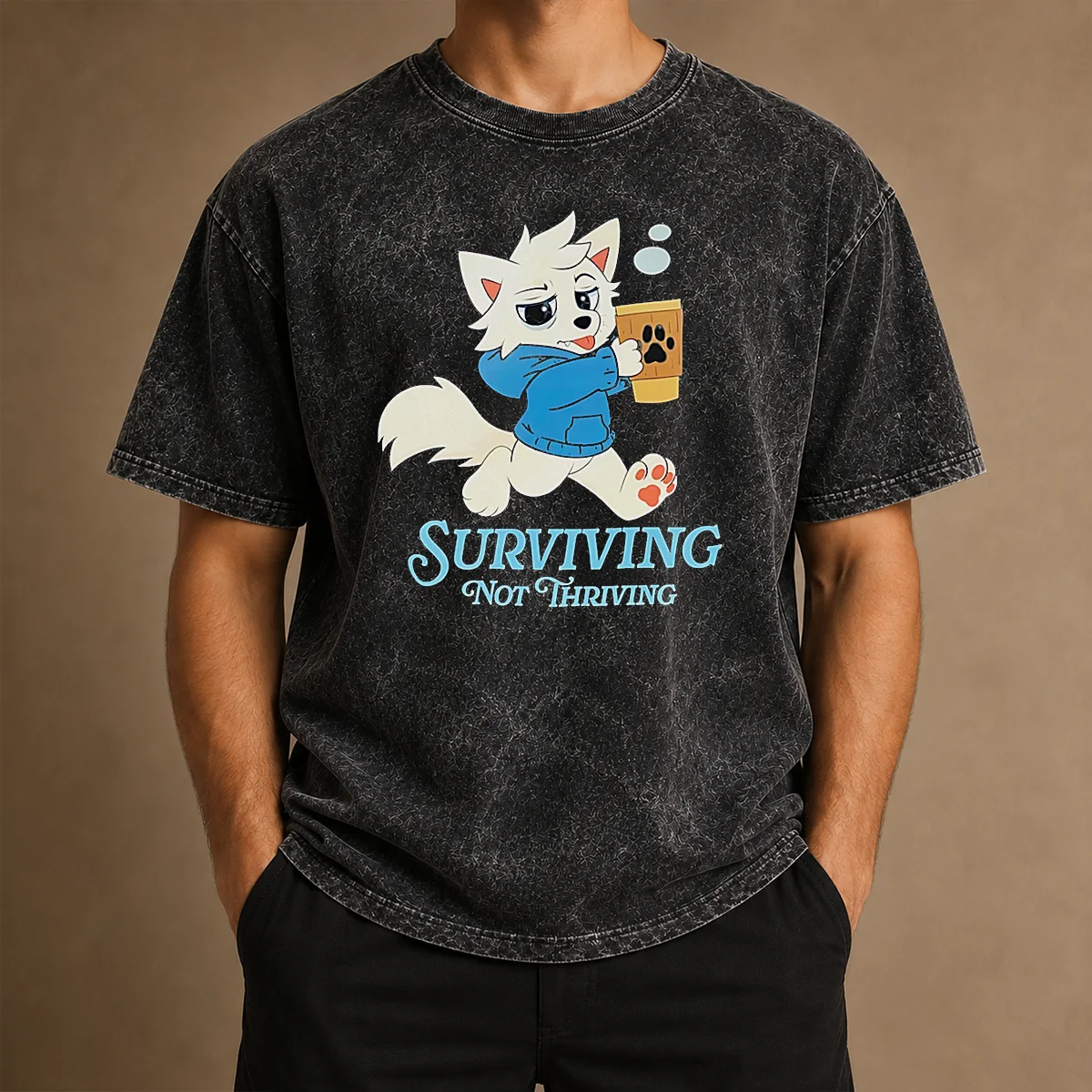 Original Surviving Not Thriving Furry Washed T Shirt in soft, faded fabric with printed graphic on front