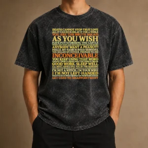 Original The Princess Bride Movie Quotes Collage Washed T Shirt in soft fabric with iconic quotes print