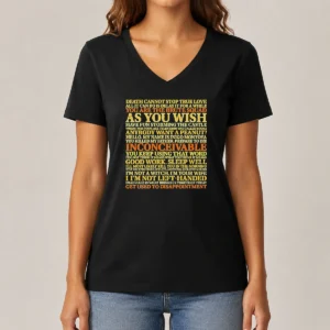 Original Top The Princess Bride Movie Quotes Collage V Neck Shirt featuring iconic quotes printed on a comfortable V neck garment