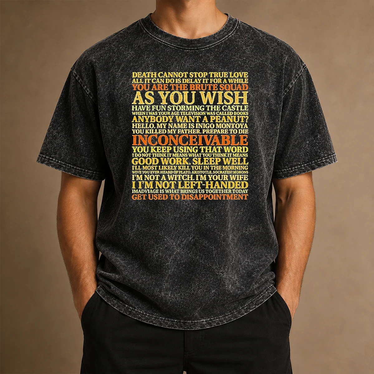 Original Top The Princess Bride Movie Quotes Collage Washed T Shirt featuring iconic quotes printed on a soft, faded fabric tee