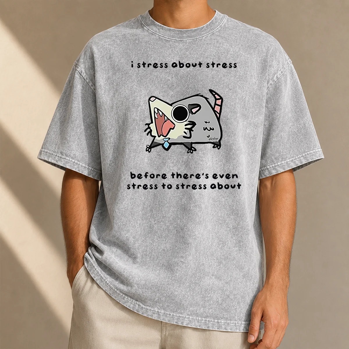 Premium Opossum I Stress About Stress Before There Is Even Stress To Stress About printed on a soft washed t shirt with a relaxed fit