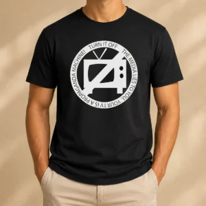 Premium Turn It Off The Media Lies To You Your TV Is A Propaganda Machine t shirt in black, classic fit, short sleeve cotton tee