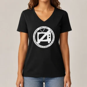 Premium Turn It Off The Media Lies To You Your TV Is A Propaganda Machine V Neck Shirt in black, women's fitted v neck tee