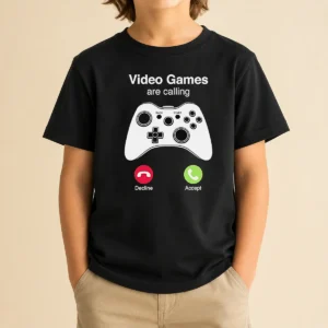 Premium Video Games Are Calling Gaming Controller Phone Screen Kids T Shirt in vibrant colors on a comfortable cotton fabric