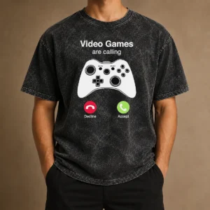 Premium Video Games Are Calling Gaming Controller Phone Screen printed on a soft washed t shirt in dark gray