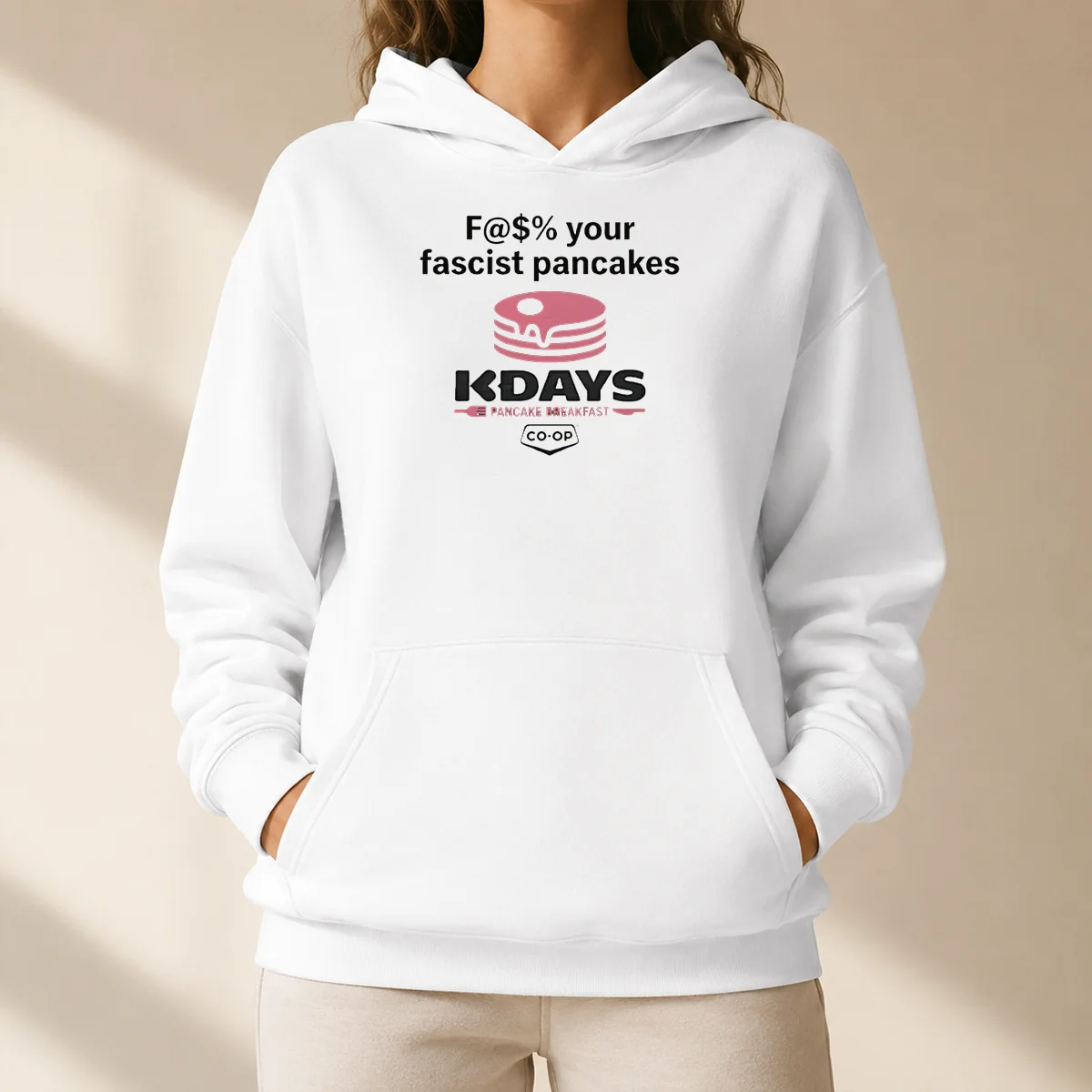 Pretty Fck Your Fascist Pancakes Kdays Pancake Breakfast Hoodie in black, front view with bold graphic print
