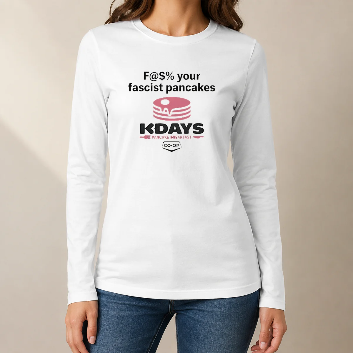 Pretty Fck Your Fascist Pancakes Kdays Pancake Breakfast long sleeve shirt in black with bold graphic print