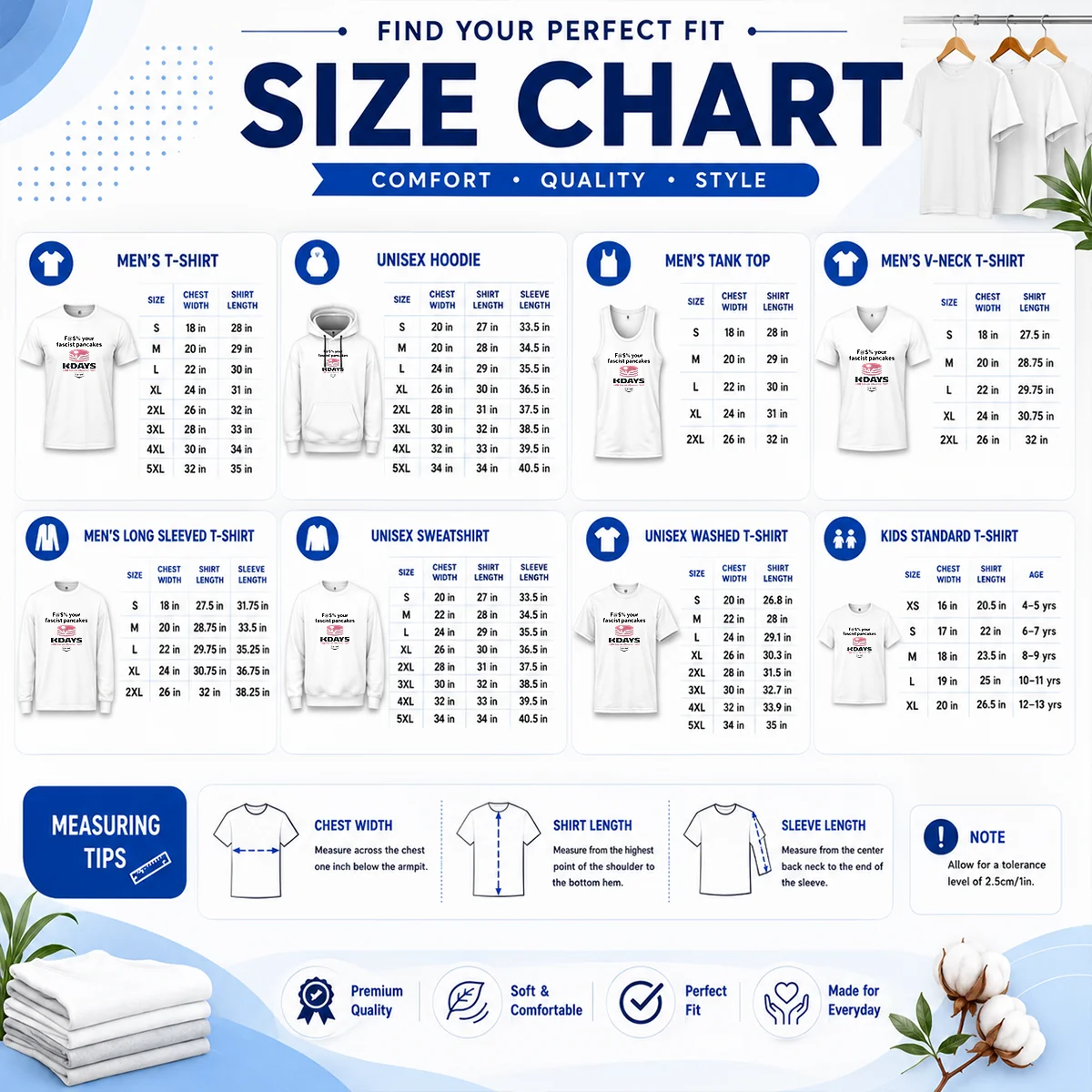 Pretty Fck Your Fascist Pancakes Kdays Pancake Breakfast Size Chart Size chart for Pretty Fck Your Fascist Pancakes Kdays Pancake Breakfast with measurements in inches and cm