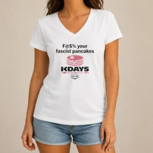 Pretty Fck Your Fascist Pancakes Kdays Pancake Breakfast V Neck Shirt in black with bold graphic print