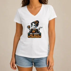 Pretty Hot Halloween Skeleton Girl Coffee Pixel V-Neck Shirt