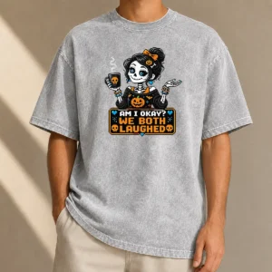 Pretty Hot Halloween Skeleton Girl Coffee Pixel design on a soft washed t shirt in light vintage style