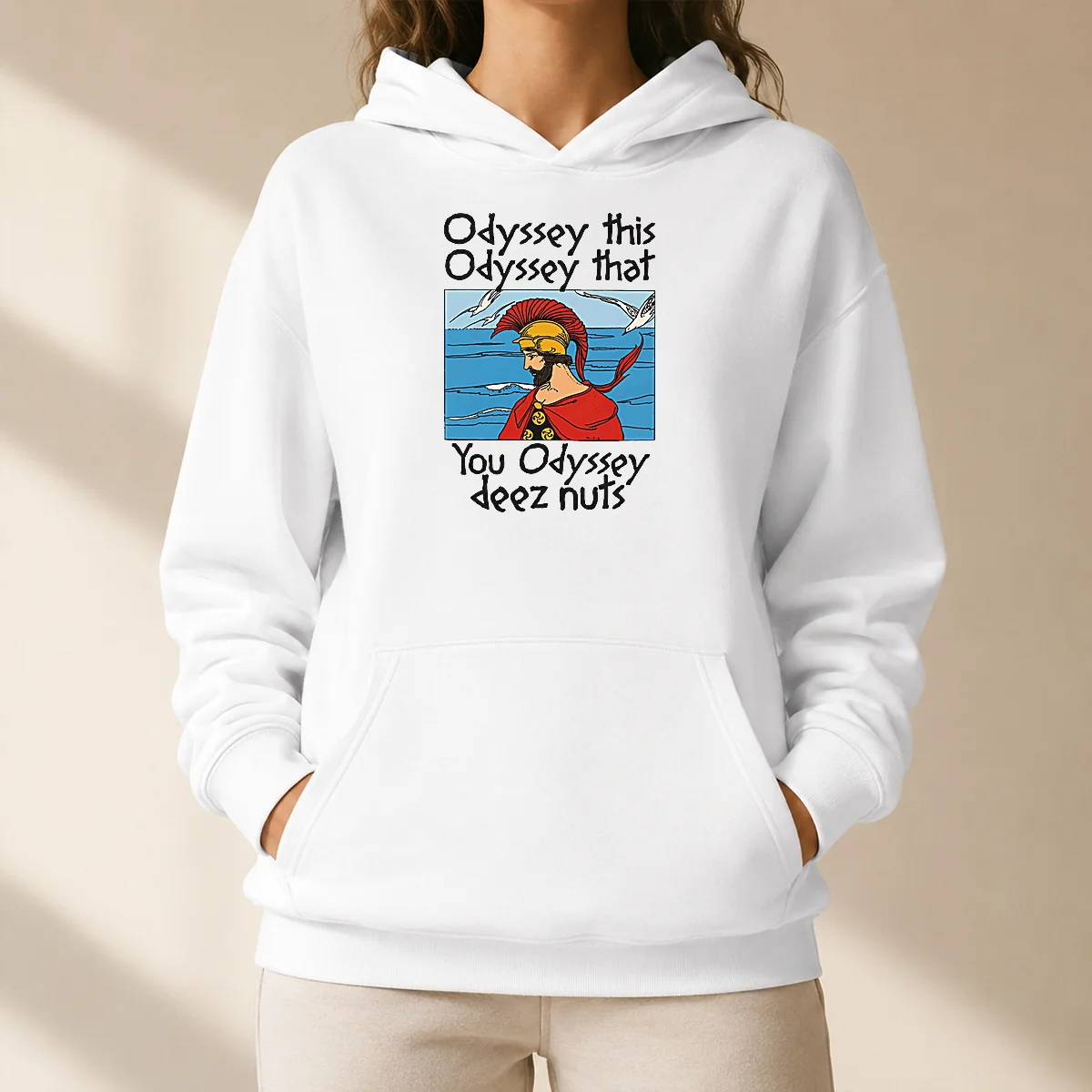 Pretty Official Odyssey This Odyssey That. You Odyssey Deez Nuts Hoodie in black, front view with drawstring hood and kangaroo pocket