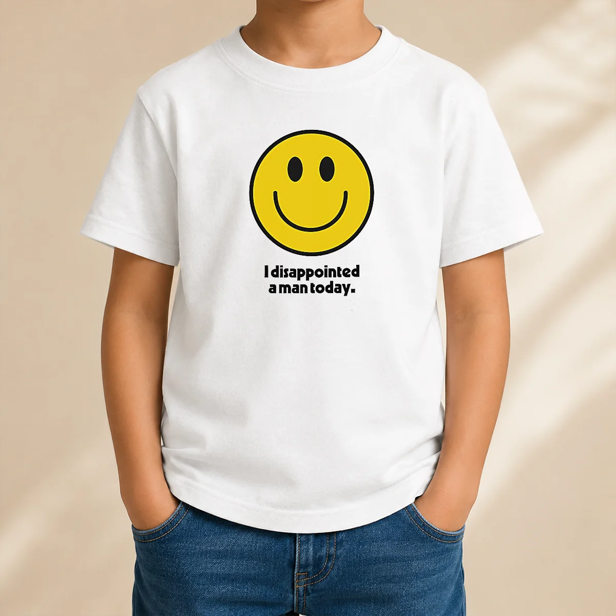Pretty Original I Disappointed A Man Today Smiley Face Sarcastic Kids T Shirt in white, short sleeve cotton tee for children