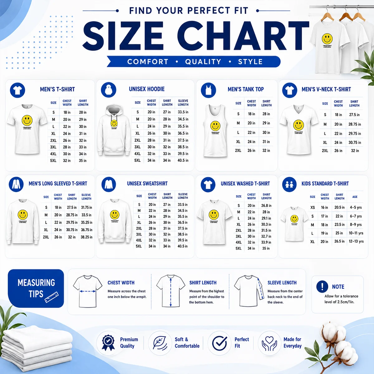 Pretty Original I Disappointed A Man Today Smiley Face Sarcastic Size Chart Size chart for Pretty Original I Disappointed A Man Today Smiley Face Sarcastic with measurements in inches and cm
