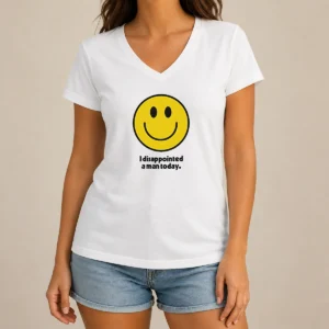 Pretty Original I Disappointed A Man Today Smiley Face Sarcastic V Neck Shirt in charcoal gray with bold print on front