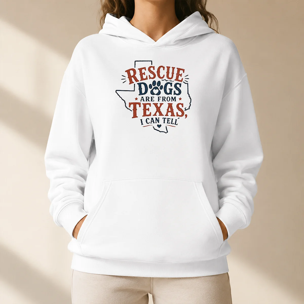 Pretty Rescue Dogs Are From Texas I Can Tell Hoodie in dark gray with front kangaroo pocket and adjustable hood