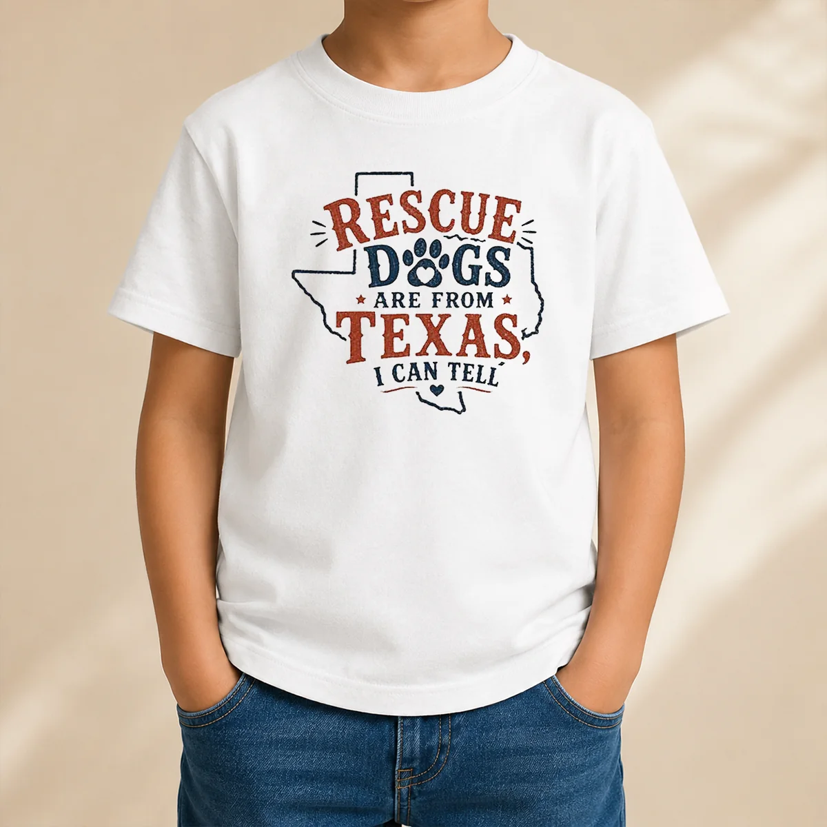 Pretty Rescue Dogs Are From Texas I Can Tell Kids T Shirt featuring colorful dog graphic on white fabric