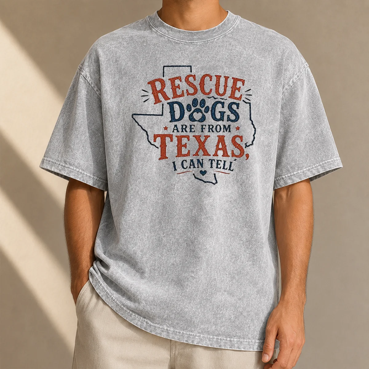 Pretty Rescue Dogs Are From Texas I Can Tell washed t shirt shown flat with soft fabric texture