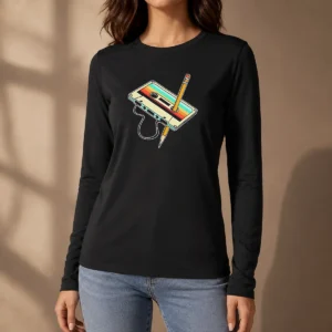 Pretty Retro Cassette Tape With Pencil 90s Nostalgia Long Sleeve Shirt
