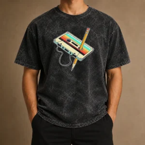 Pretty Retro Cassette Tape With Pencil 90s Nostalgia design printed on a soft washed t shirt in light gray