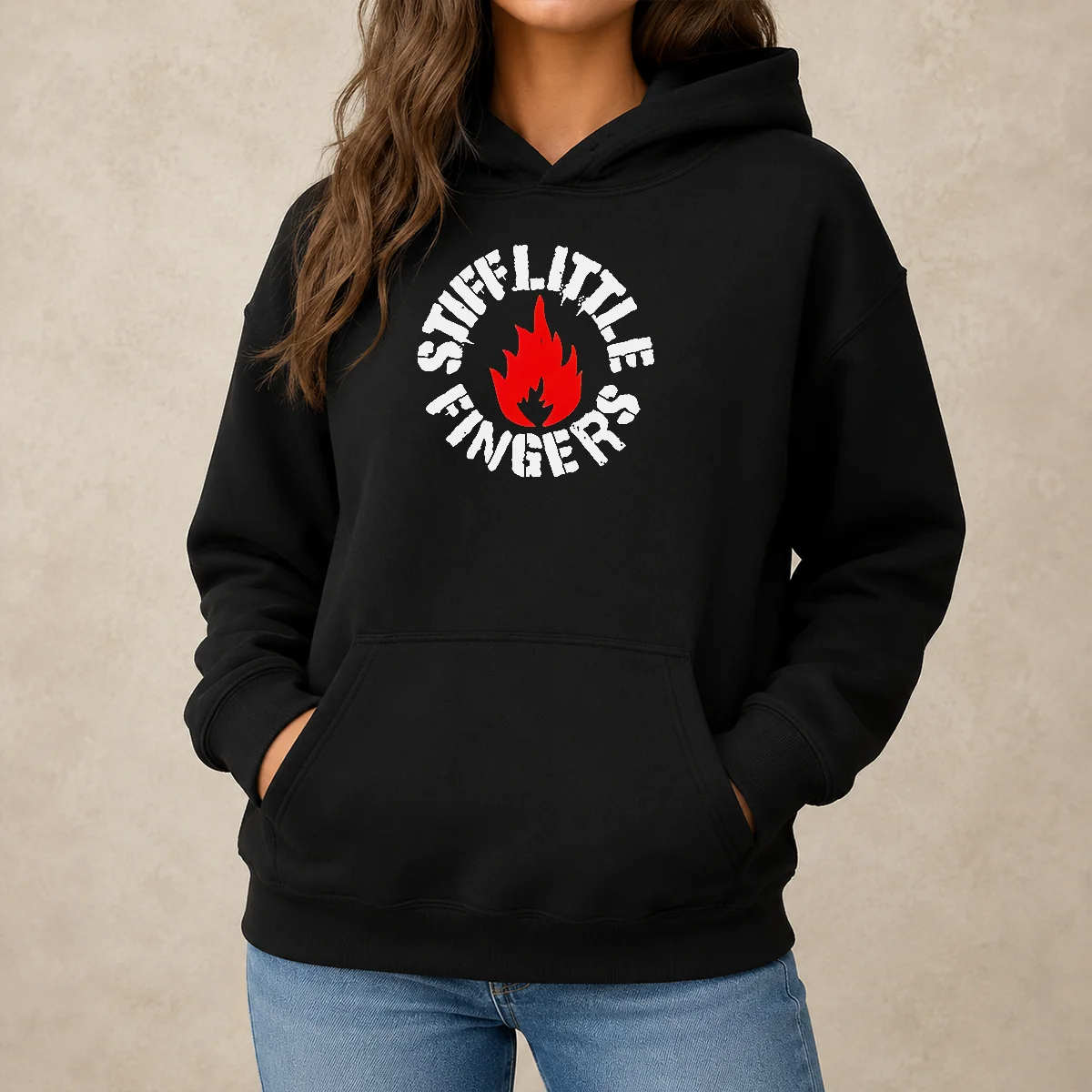 Pretty Stiff Little Fingers Circular Badge Logo With Flame Emblem Centered Inside hoodie front view in black color