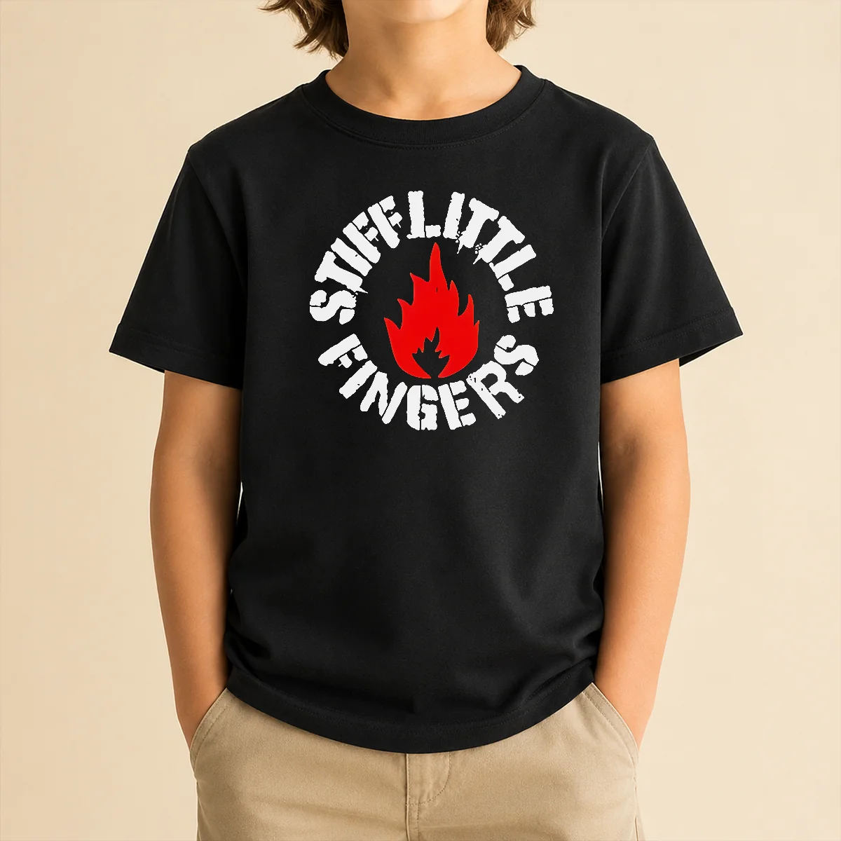 Pretty Stiff Little Fingers Circular Badge Logo With Flame Emblem Centered Inside Kids T-Shirt