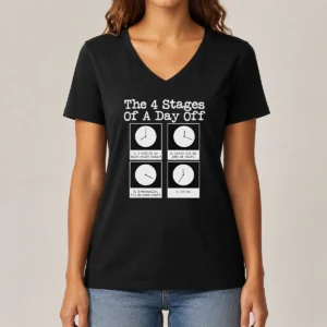 Pretty The 4 Stages Of A Day Off V Neck Shirt in soft cotton fabric with relaxed fit