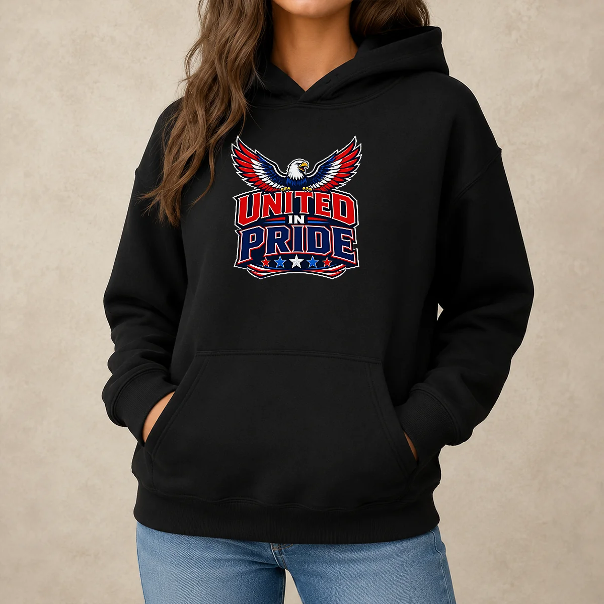 Pretty United In Pride Eagle Typography Hoodie in dark color with bold eagle graphic and vibrant pride colors