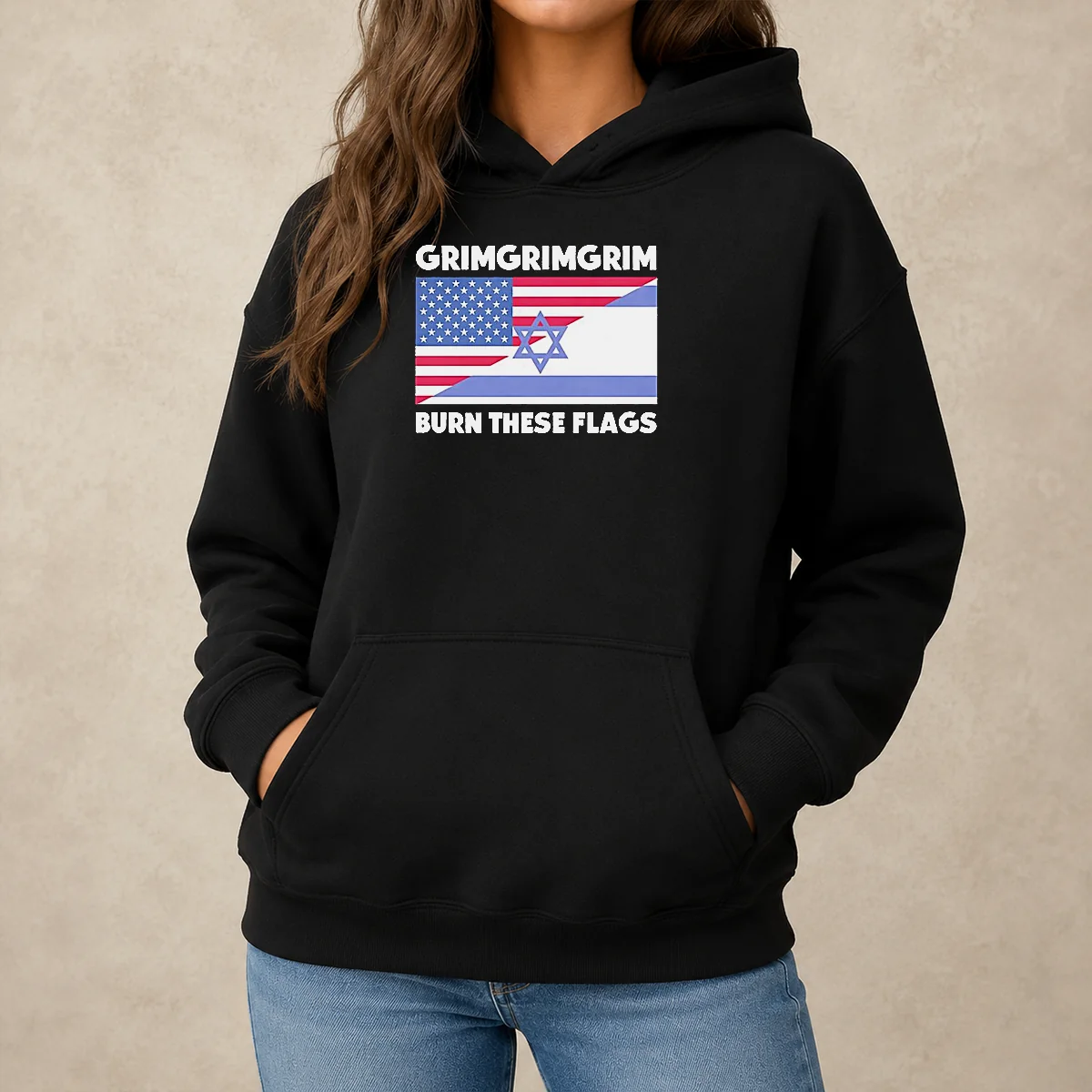 Pretty United States Israel Flag Grimgrimgrim Burn These Flags Hoodie in black, front view with drawstring hood and kangaroo pocket