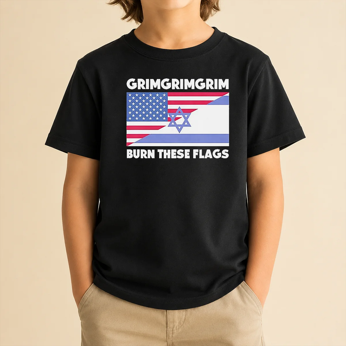 Pretty United States Israel Flag Grimgrimgrim Burn These Flags Kids T Shirt showing front print on a comfortable cotton fabric
