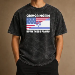 Pretty United States Israel Flag Grimgrimgrim Burn These Flags Washed T Shirt front view on a white background