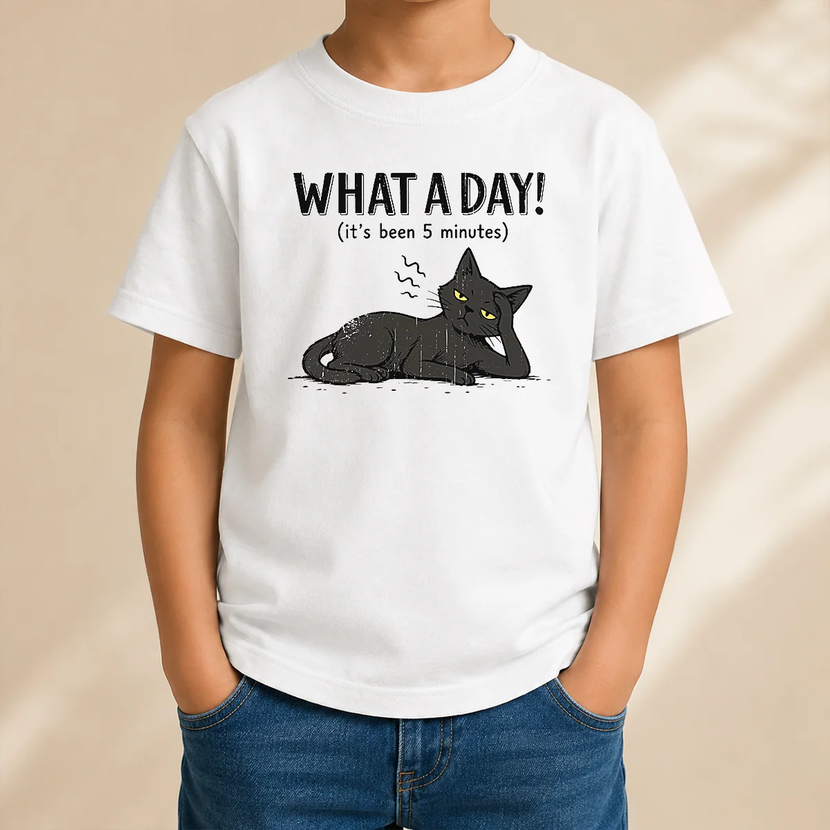 Pretty What A Day Cat It'S Been 5 Minutes Kids T Shirt featuring playful cat graphic on soft cotton fabric