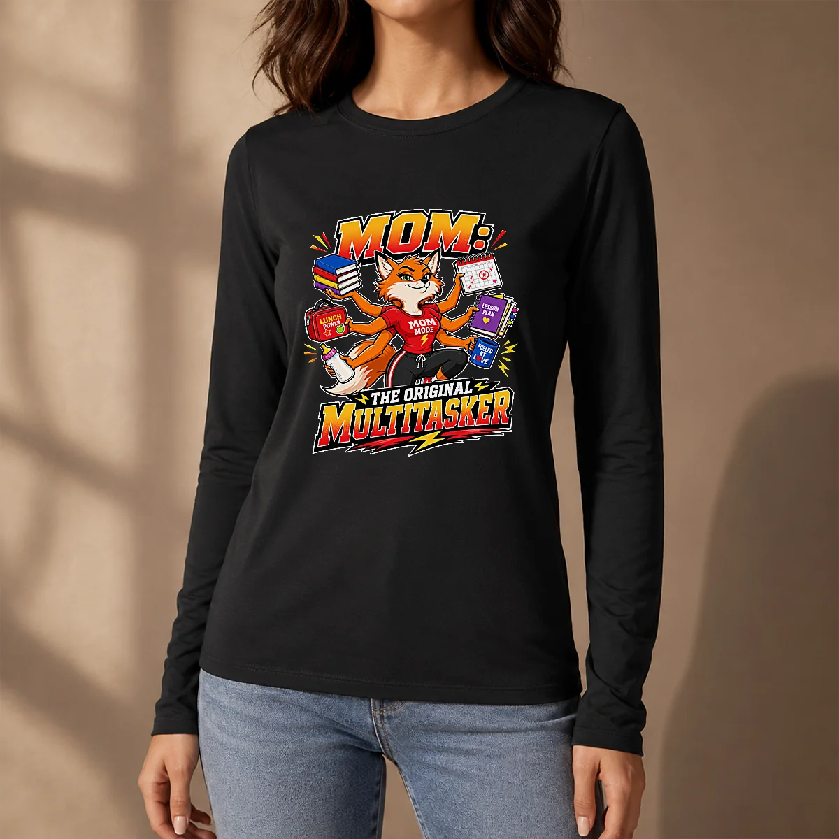 Proud Mom Original Multitasker Fox Illustration Long Sleeve Shirt