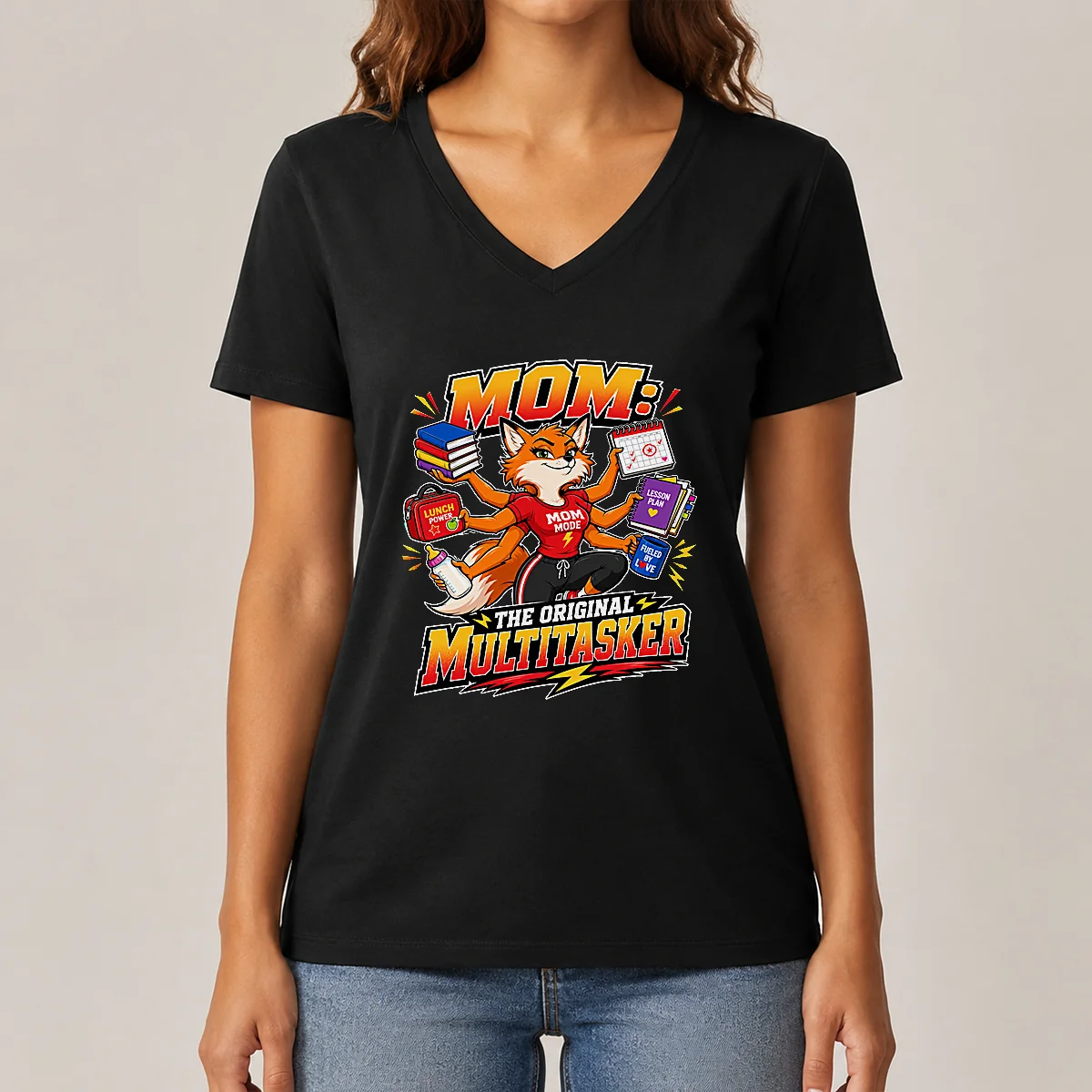 Proud Mom Original Multitasker Fox Illustration V-Neck Shirt Proud Mom Original Multitasker Fox Illustration V-Neck Shirt
