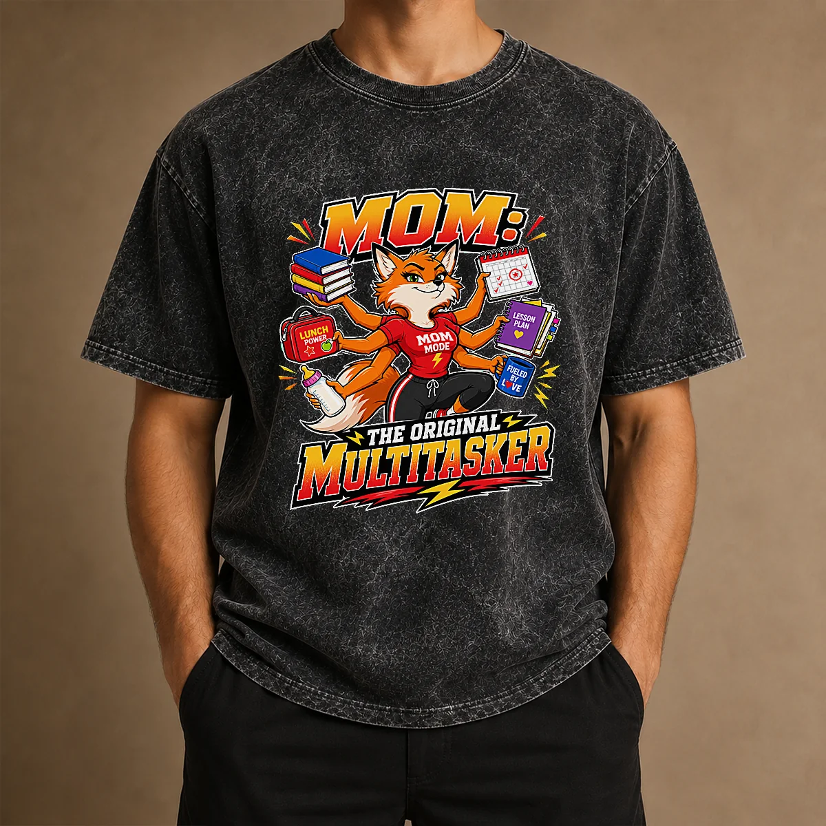 Proud Mom Original Multitasker Fox Illustration Washed T-Shirt