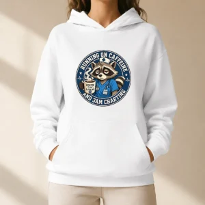 Tired Raccoon Nurse Running on Caffeine Mascot Badge Hoodie