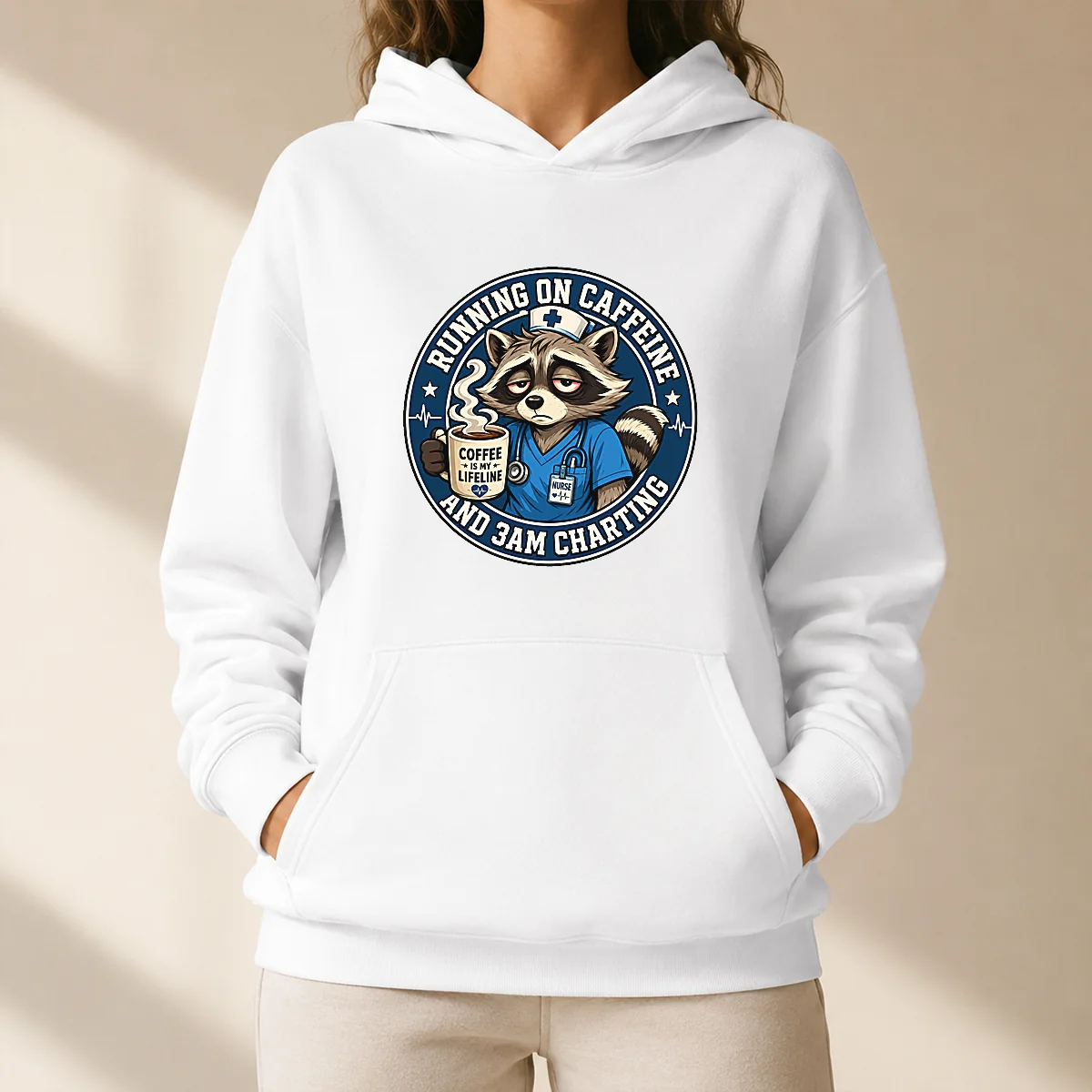 Tired Raccoon Nurse Running on Caffeine Mascot Badge Hoodie
